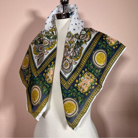 Vintage 1950 Retro Glentex Cottagecore Floral Yellow Blue Large Square Scarf - Picture 10 of 16